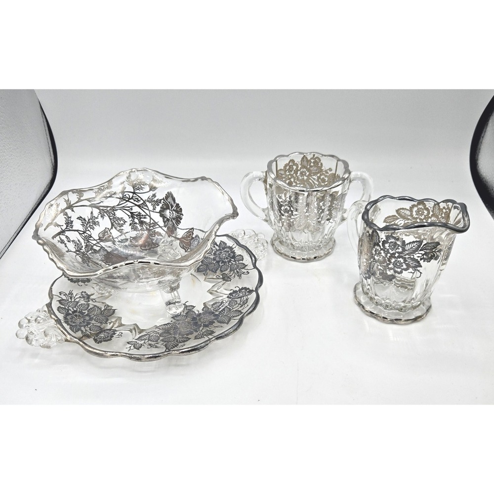Vintage‎ Clear Glass Silver Overlay Floral Footed Bowl Set